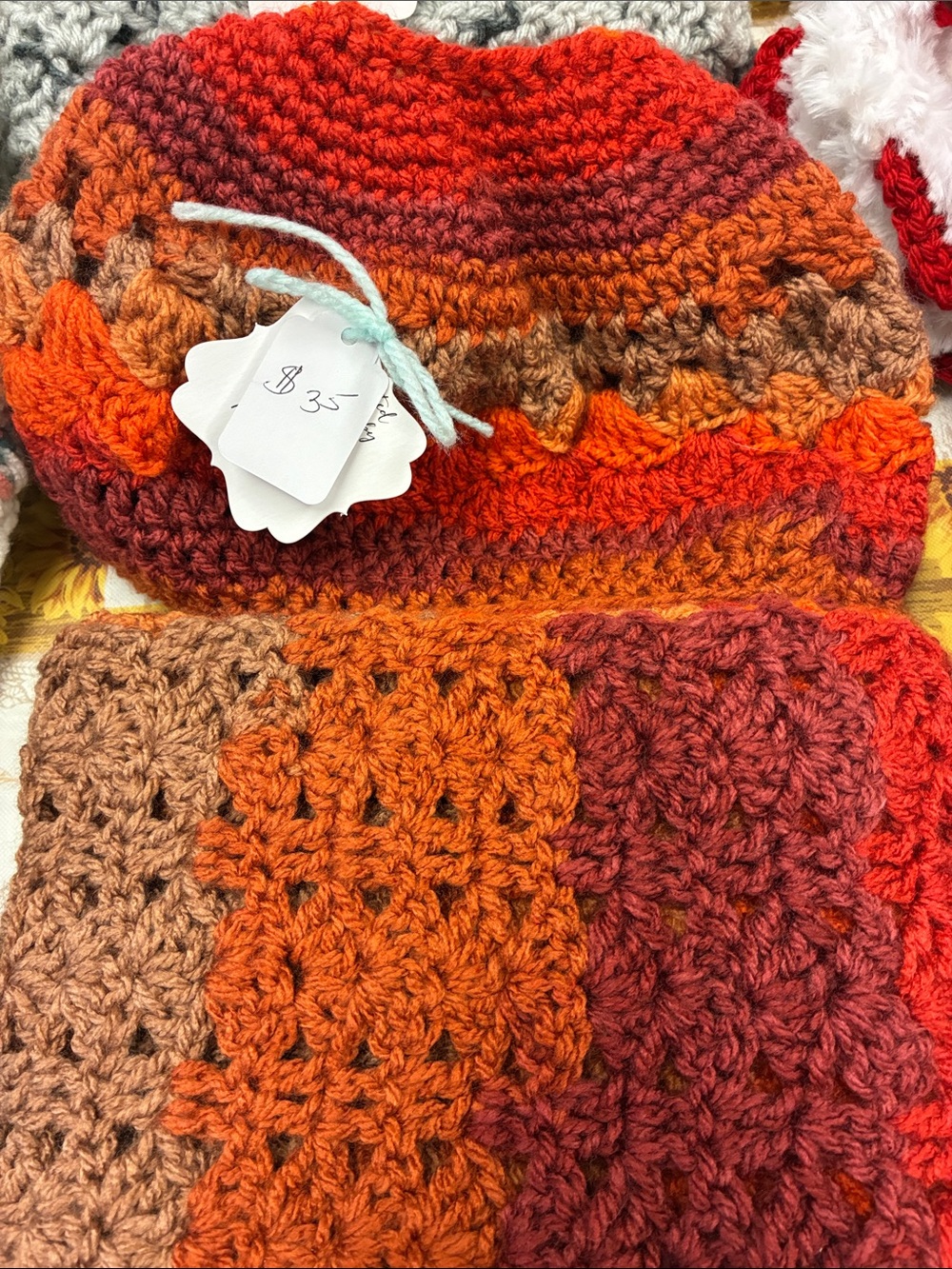 Handmade Multicolor Crochet Beanie and Scarf Set - Orange & Rust